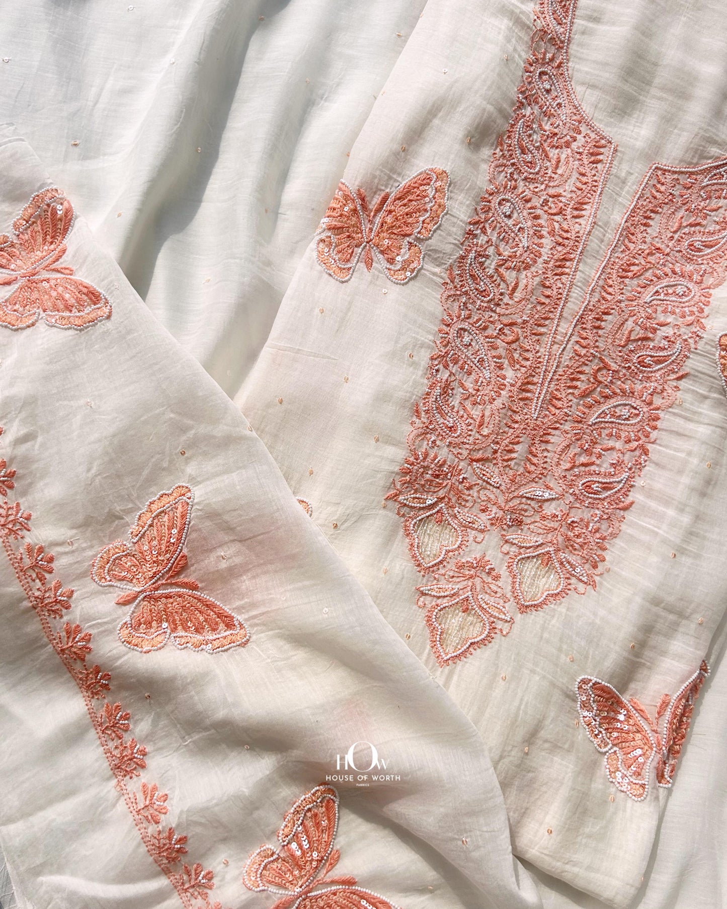 mul chanderi chikankari top with sequin embroidery. Pure chikankari suits.
