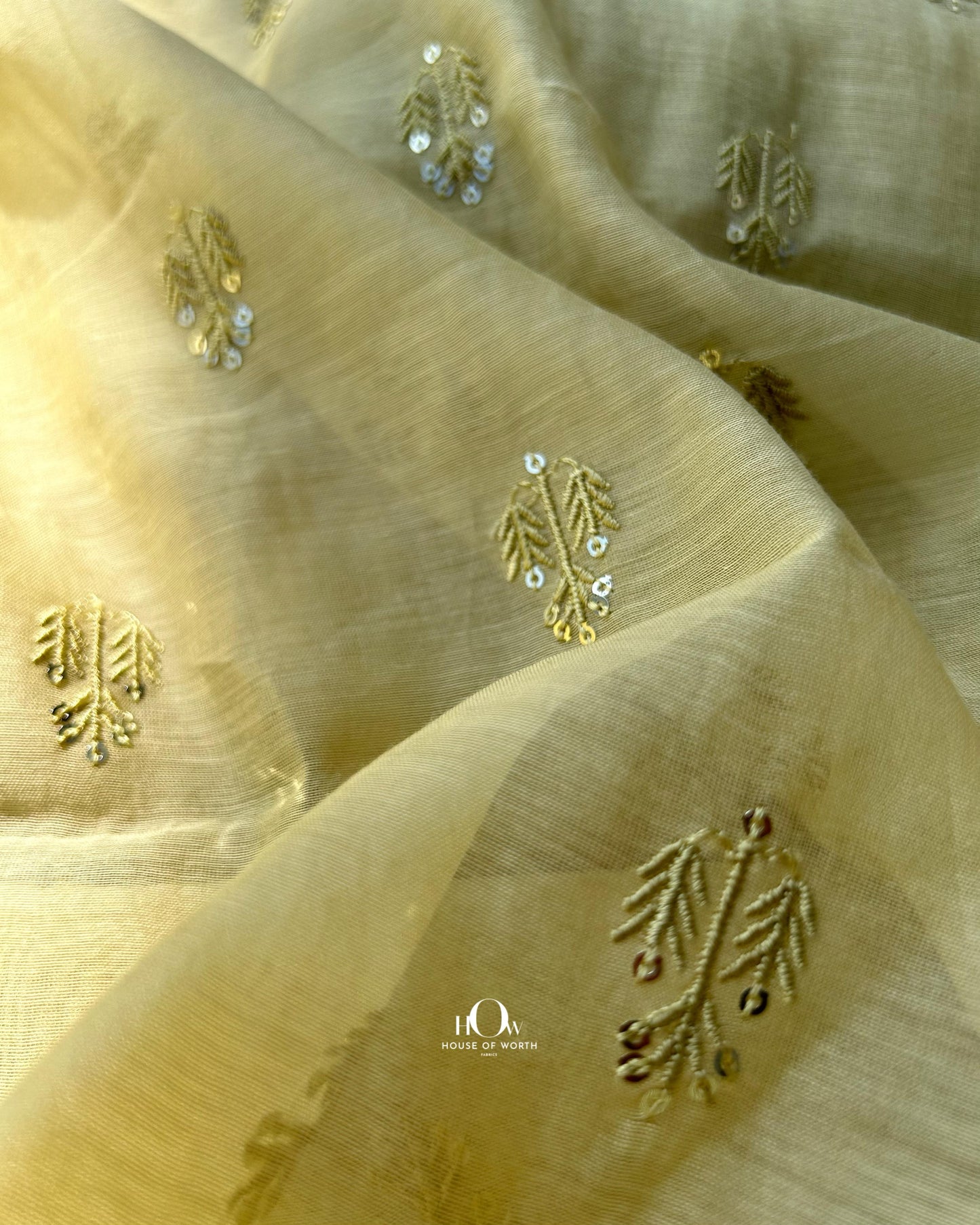 Subtle sequin butta work on soft yellow handwoven Chanderi fabric – perfect for designers, boutiques, and wholesalers