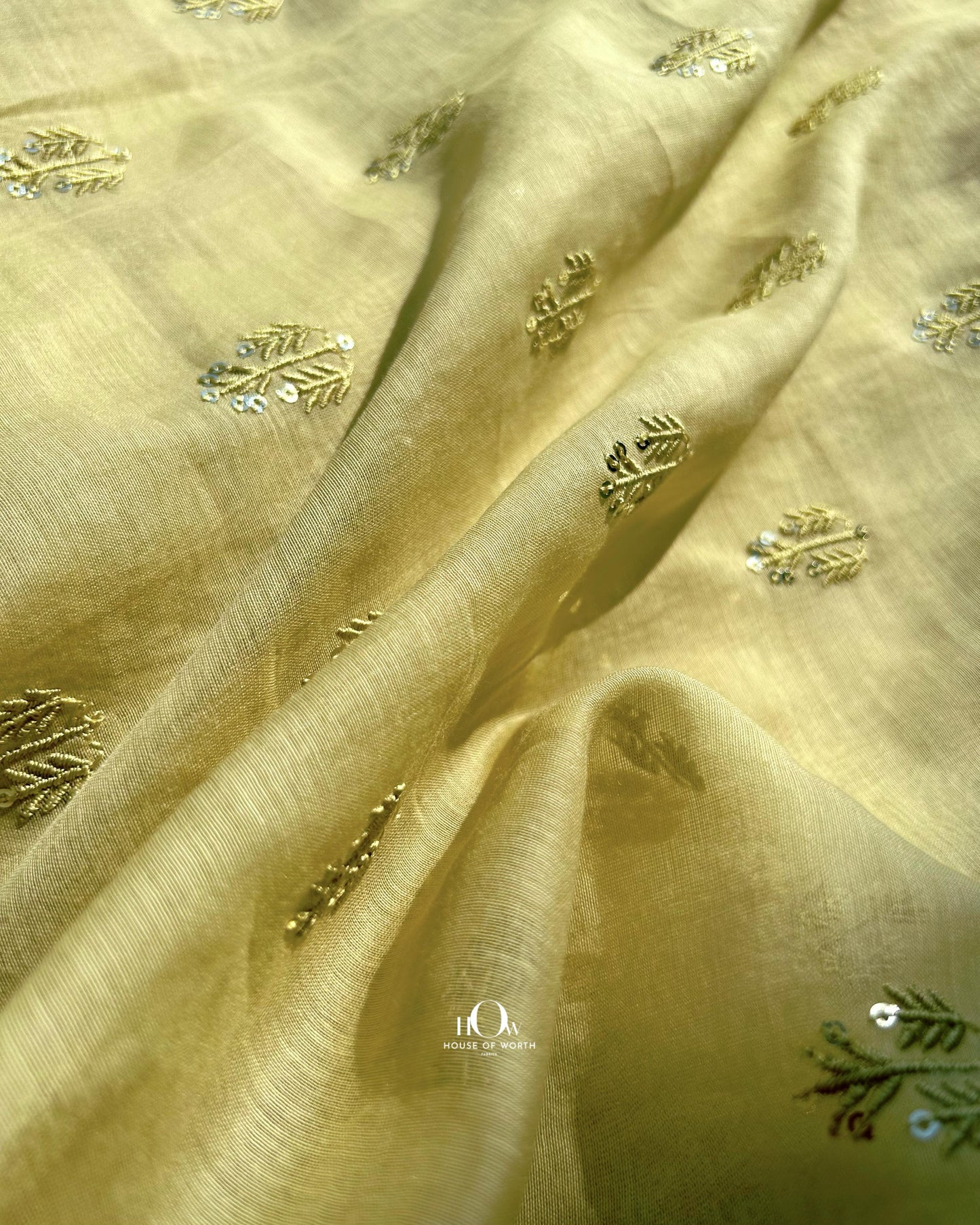 Yellow Pure Mul Chanderi fabric with minimal sequin embroidery – ideal for festive ethnic suits and dupattas.