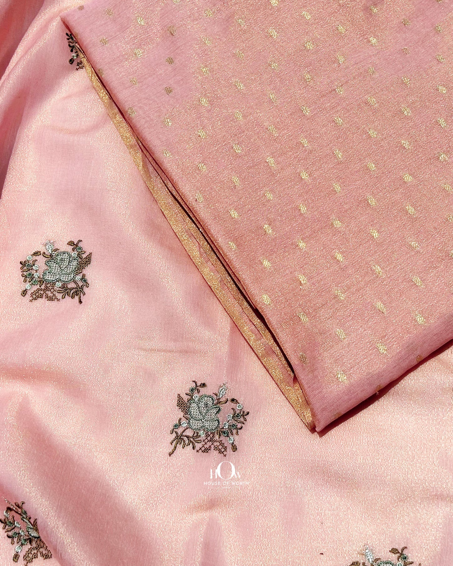 Premium high quality cotton tissue kurta suit, floral motif embroidery in peach and gold with dupatta.