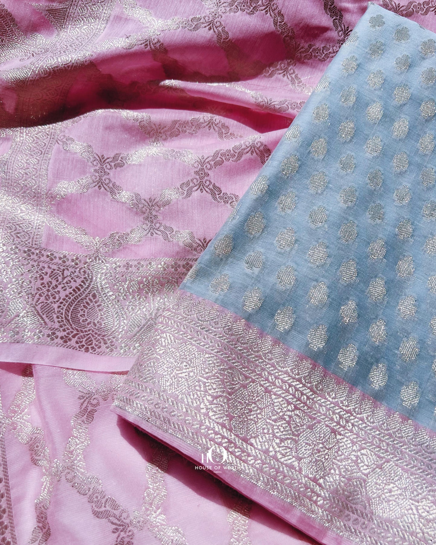 Unstitched Banarasi cotton suit set with bottom and dupatta.