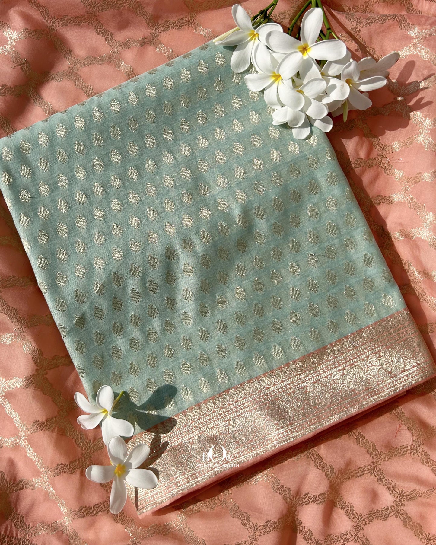 Soft cotton Banarasi suit set with zari woven butti pattern. Banarasi suit for women.