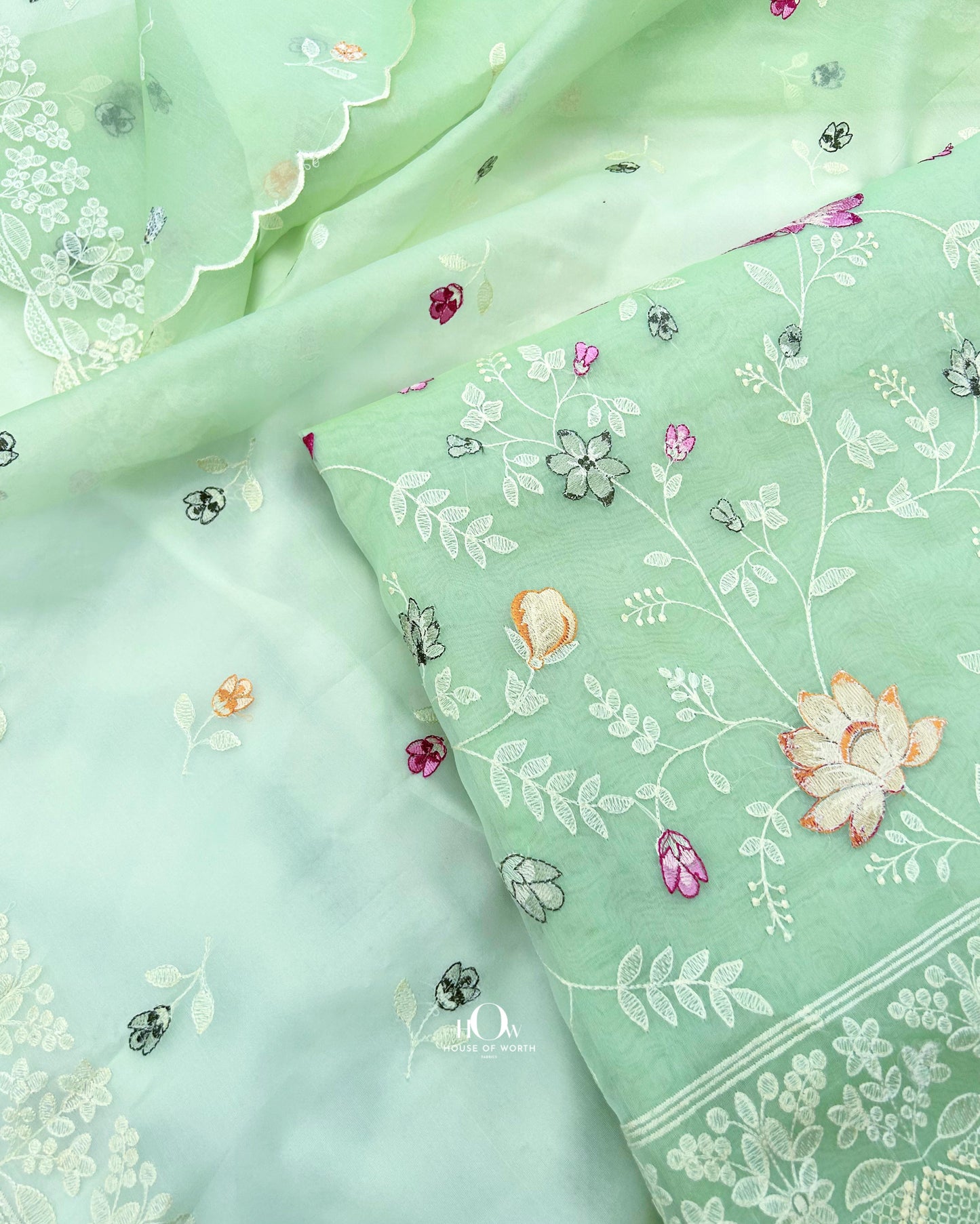 Premium organza suit set with floral embroidery. Organza suit set with dupatta.