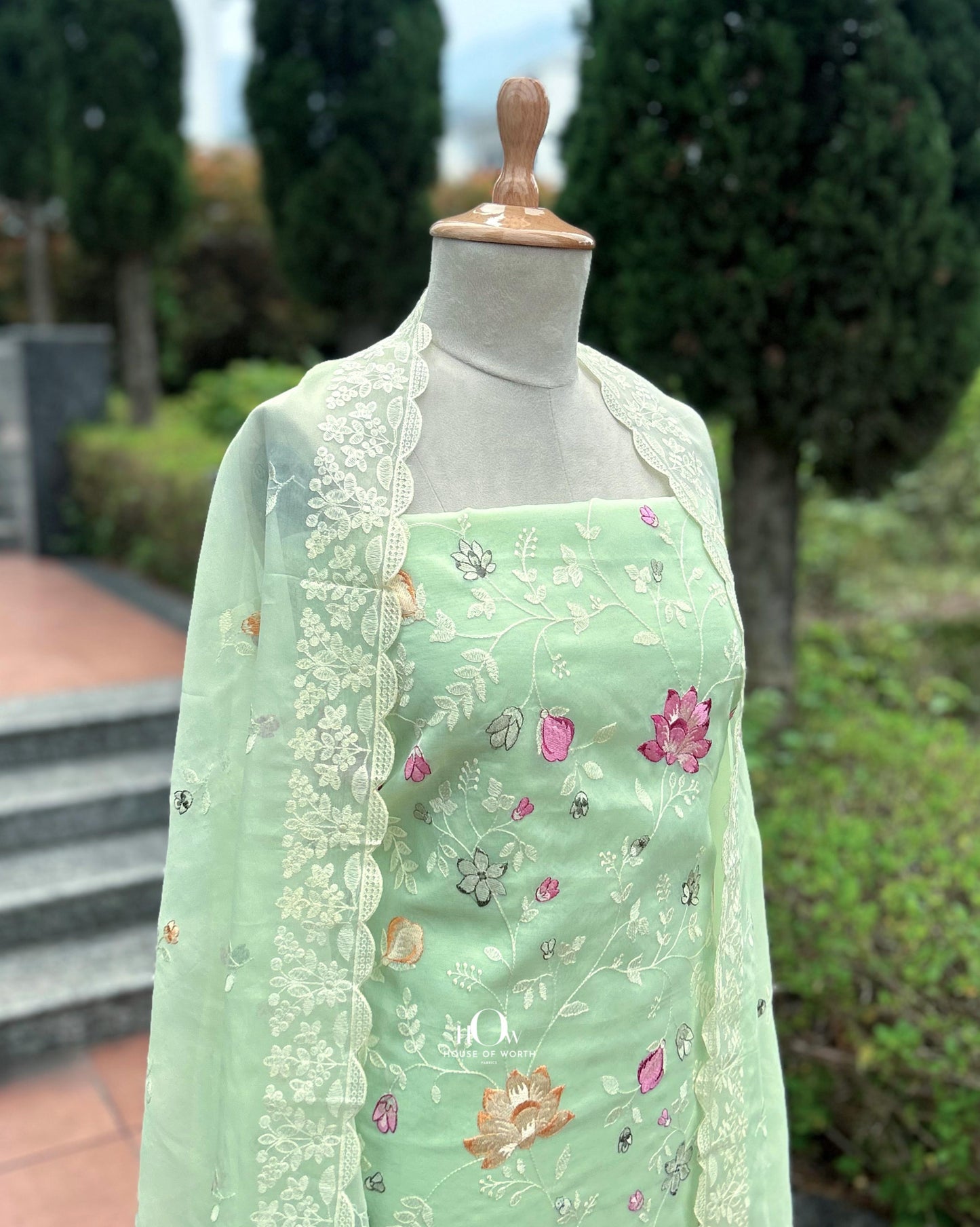 Floral embroidered organza dupatta in kora silk. Pure organza suit set .