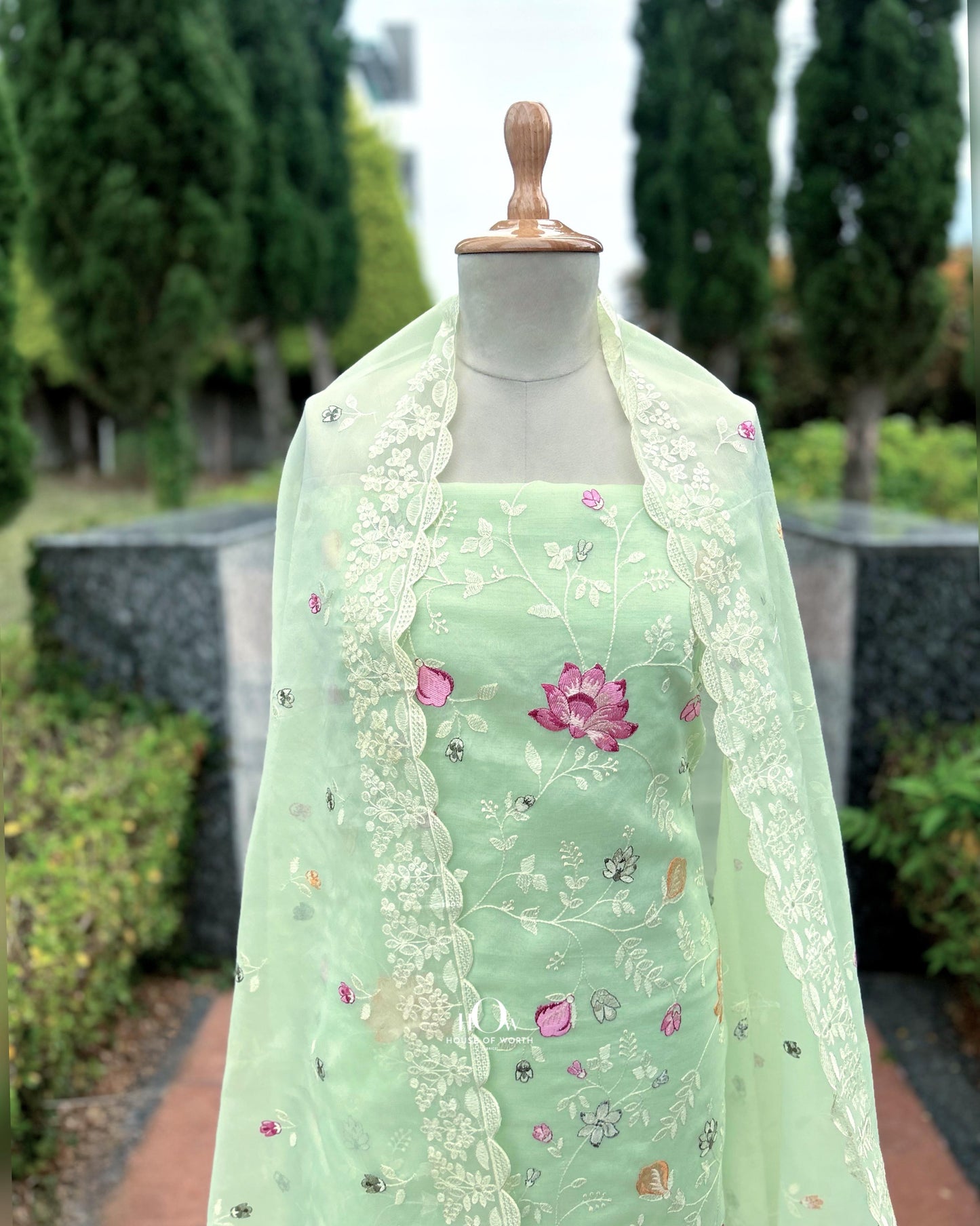 Unstitched organza suit with matching dupatta and bottom. Pure kora silk suit set.