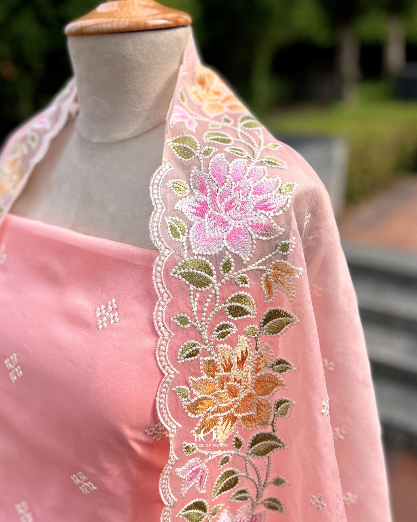 Organza dupatta suit with embroidery and lace. Unstitched pink organza suit for Indian functions.