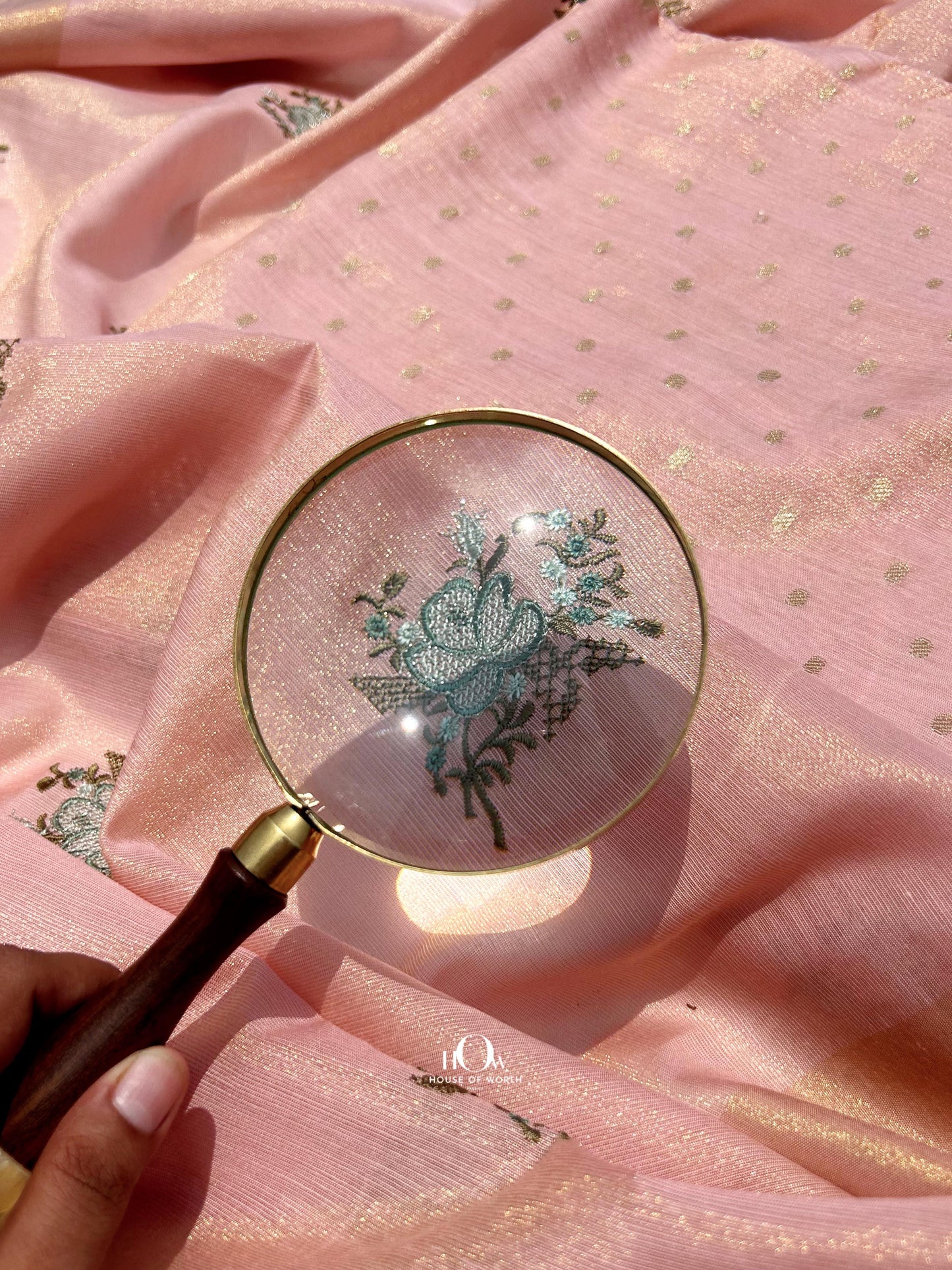 Peach cotton tissue Banarasi suit set with silver zari work motifs and matching dupatta