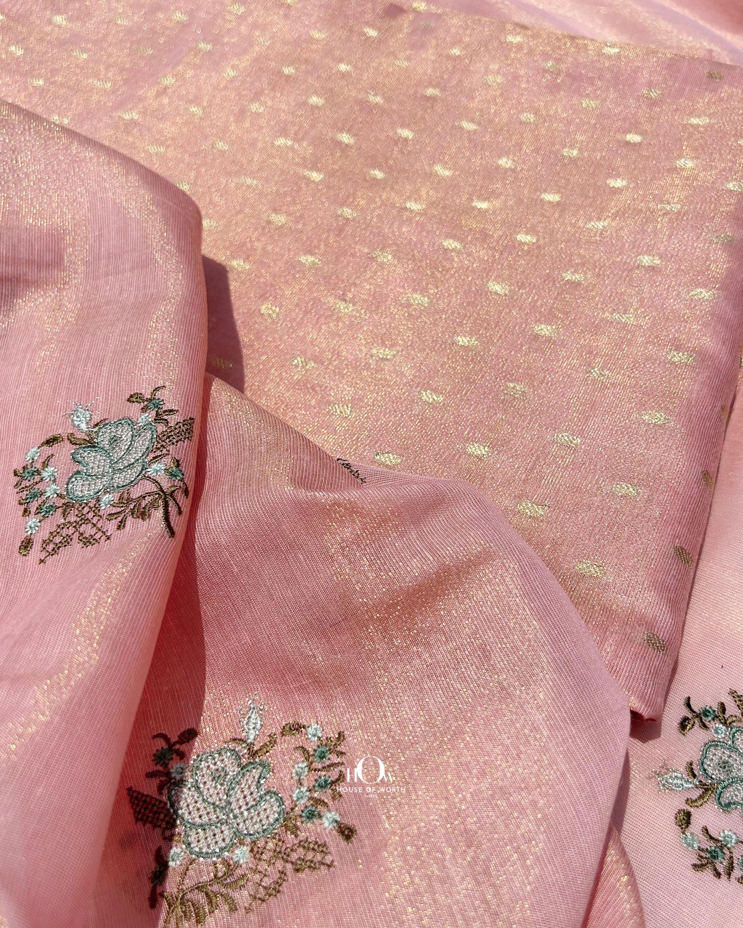Festive wear peach Banarasi suit in glimmering cotton tissue with traditional temple motifs