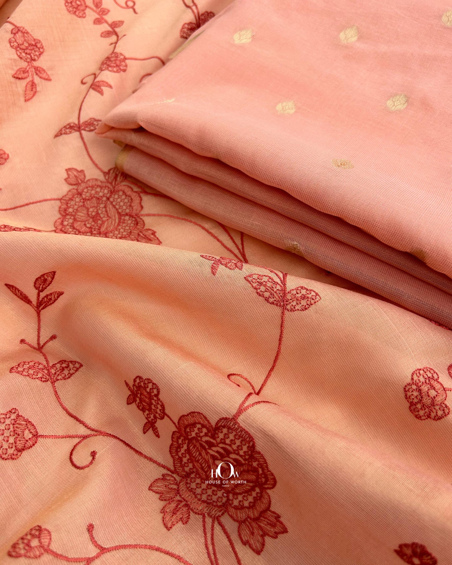 Cotton tissue kurta with gold woven butis and matching embroidered dupatta. Cotton tissue saree.