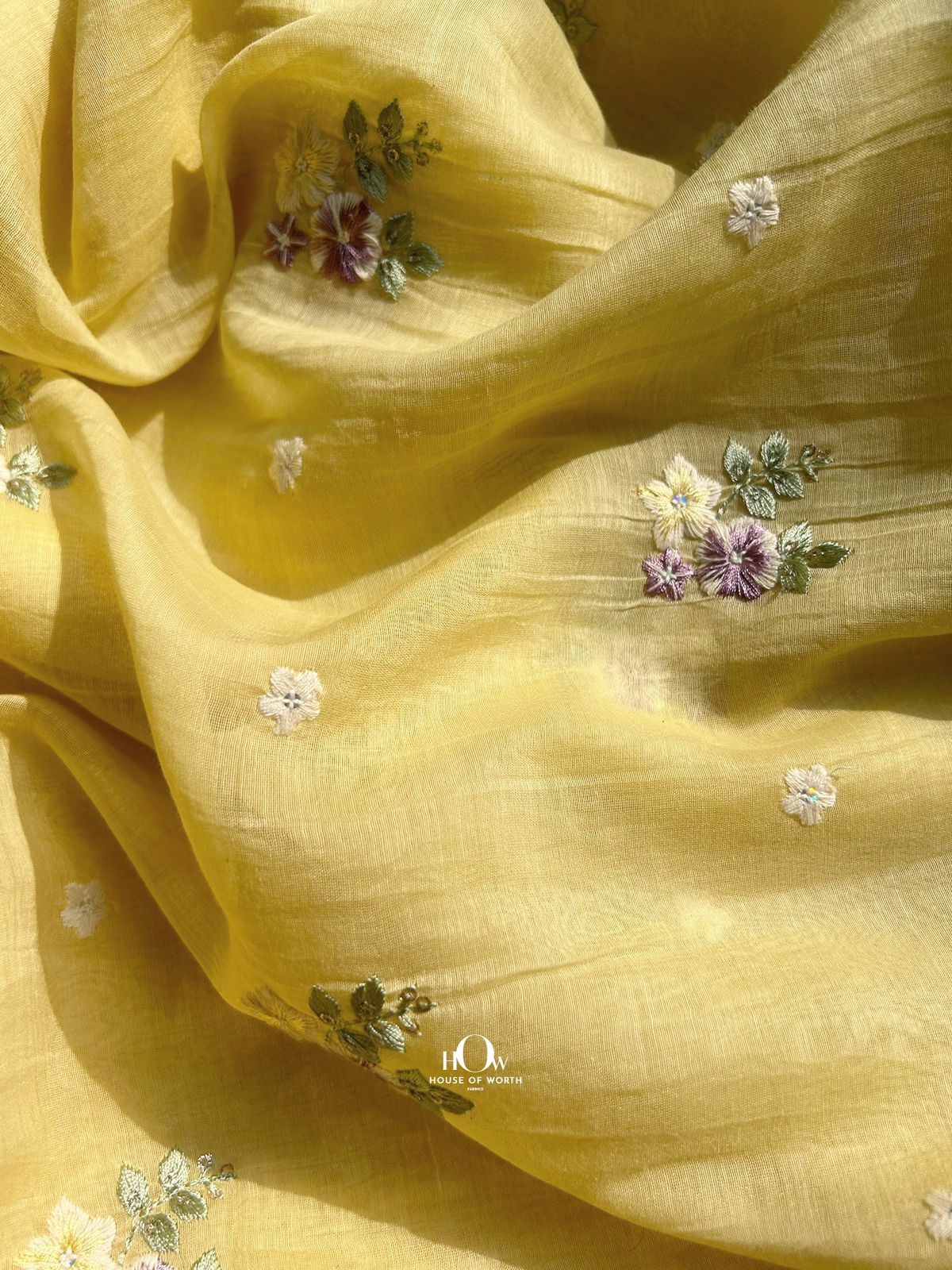 Wholesale supplier of floral embroidered yellow Chanderi fabric – available in Delhi, Surat, and Varanasi for festive ethnic wear.