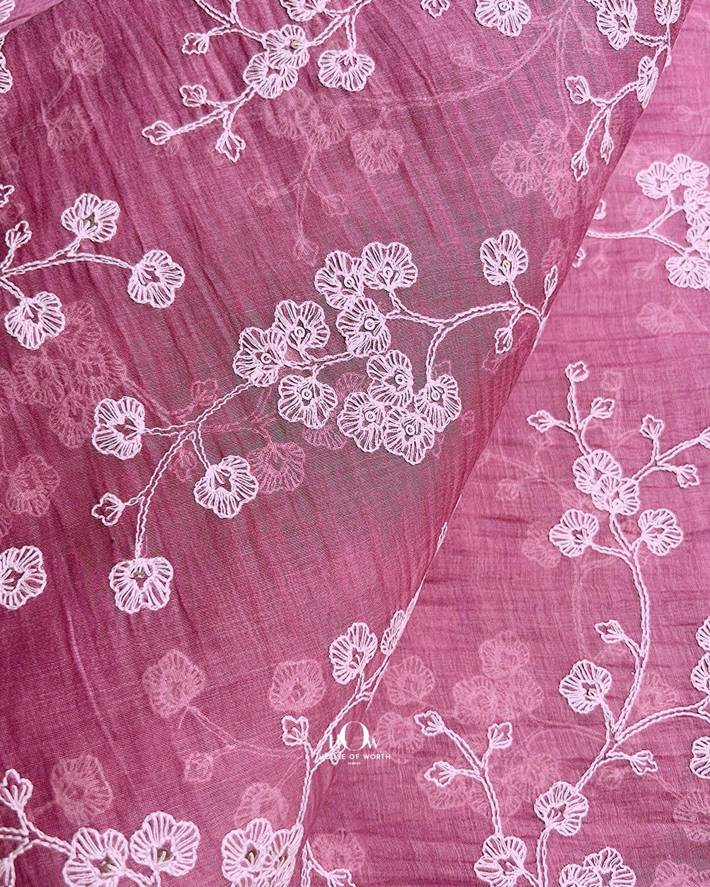 Embroidered Mul Chanderi fabric for boutique wear – soft pink fabric ideal for retailers and designers across India