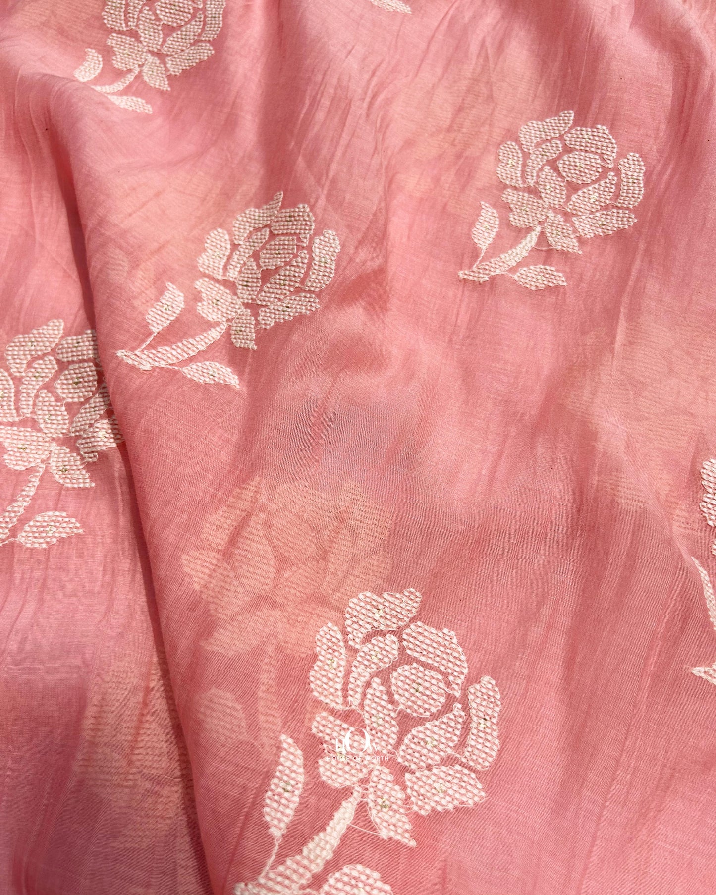 Peach pink Mul Chanderi fabric with embroidery for suits and sarees – pure handloom textile with Banarasi-inspired design.