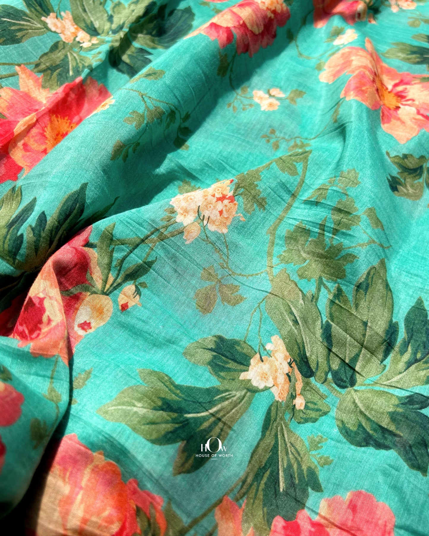 Pure Malai Chanderi fabric with vibrant floral print – ideal for festive ethnic wear and summer outfits.