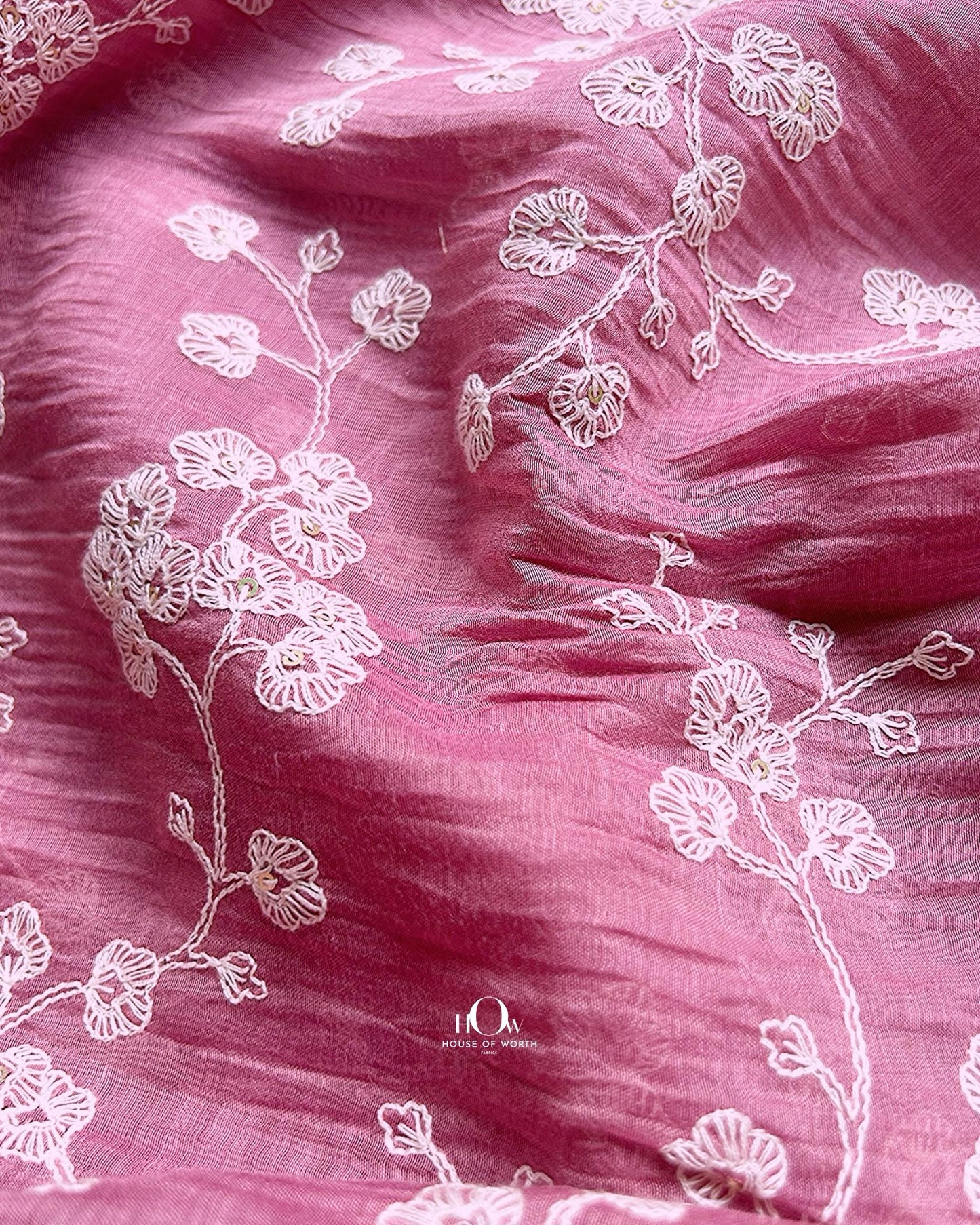 Wholesale Pure Mul Chanderi fabric in pink – floral embroidered dress material from suppliers in Delhi and Varanasi.