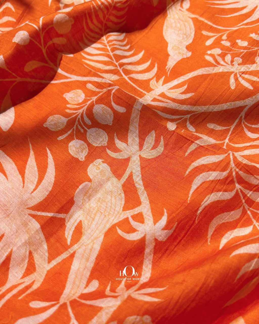 Pure Mul Chanderi fabric with all-over foliage design – breathable and elegant for Indian outfits.
