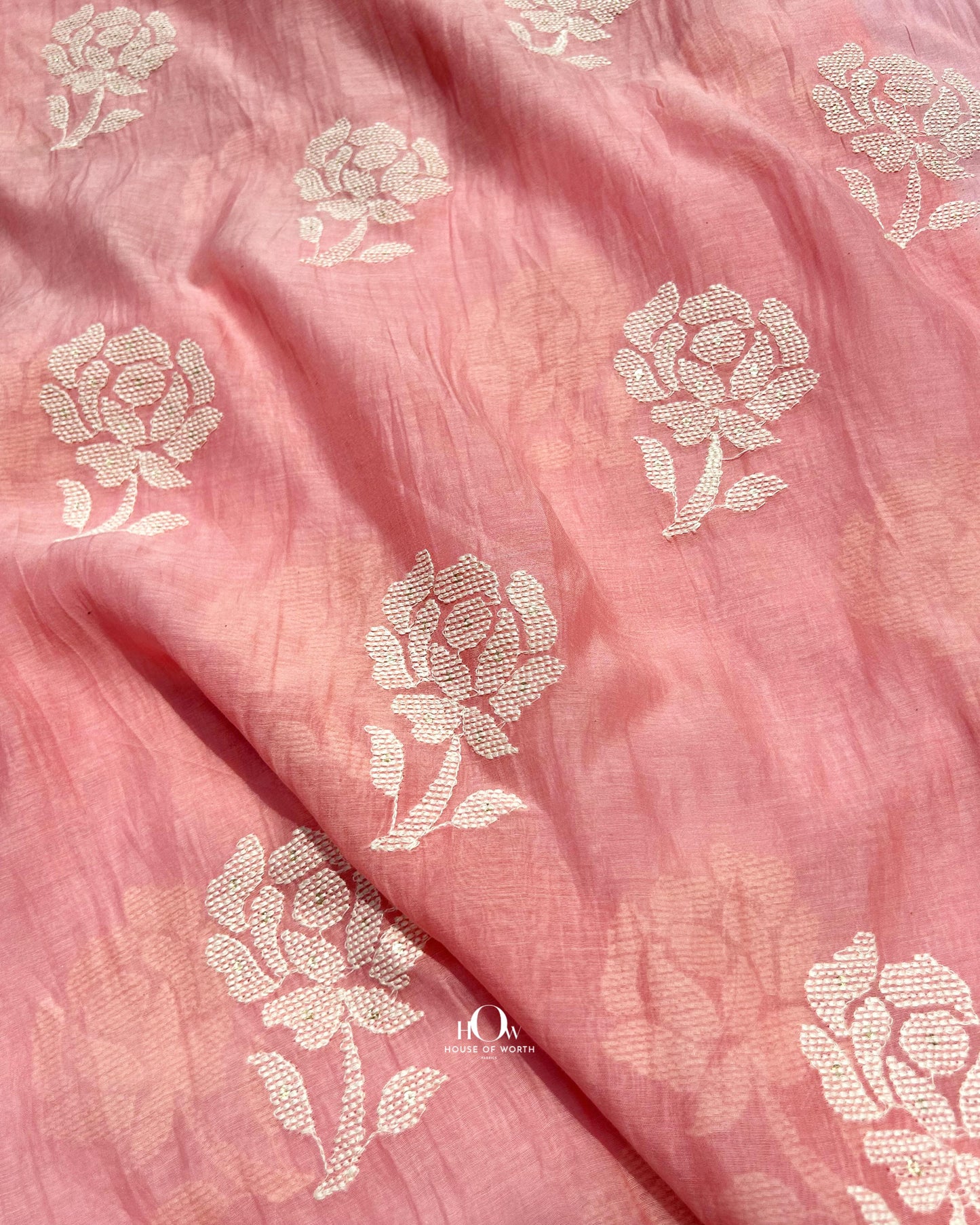 Soft peach pink pure Mul Chanderi fabric for ethnic wear – embroidered fabric ideal for festive suits and elegant sarees