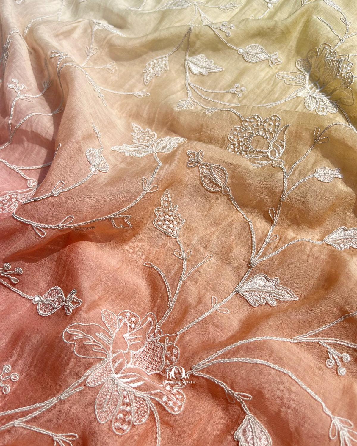 Mahisha ombre beige Pure Mul Chanderi floral embroidery fabric online India for designer apparel