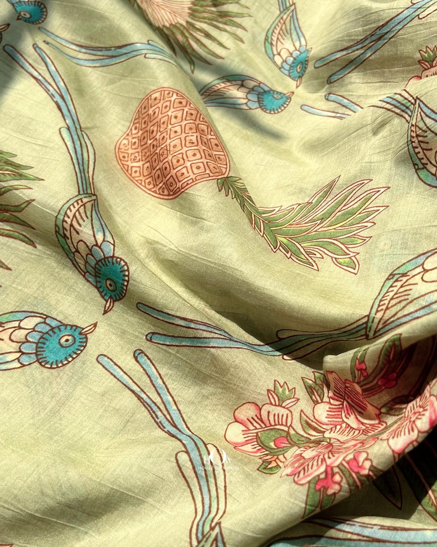 Nature print pastel green Chanderi fabric – perfect for creating flowy kurtis, dresses, and sarees.