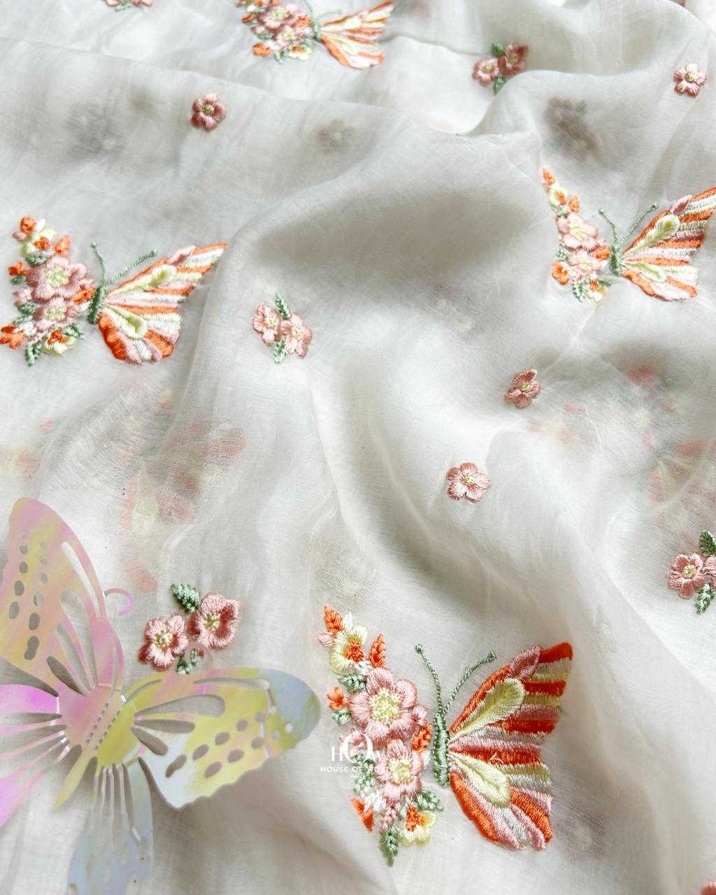 Traditional Mul Chanderi textile featuring butterfly detail