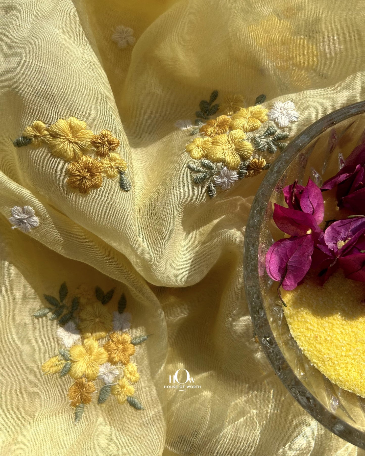 Soft yellow Mul Chanderi dress material with delicate butti embroidery – perfect for boutique and wholesale orders.