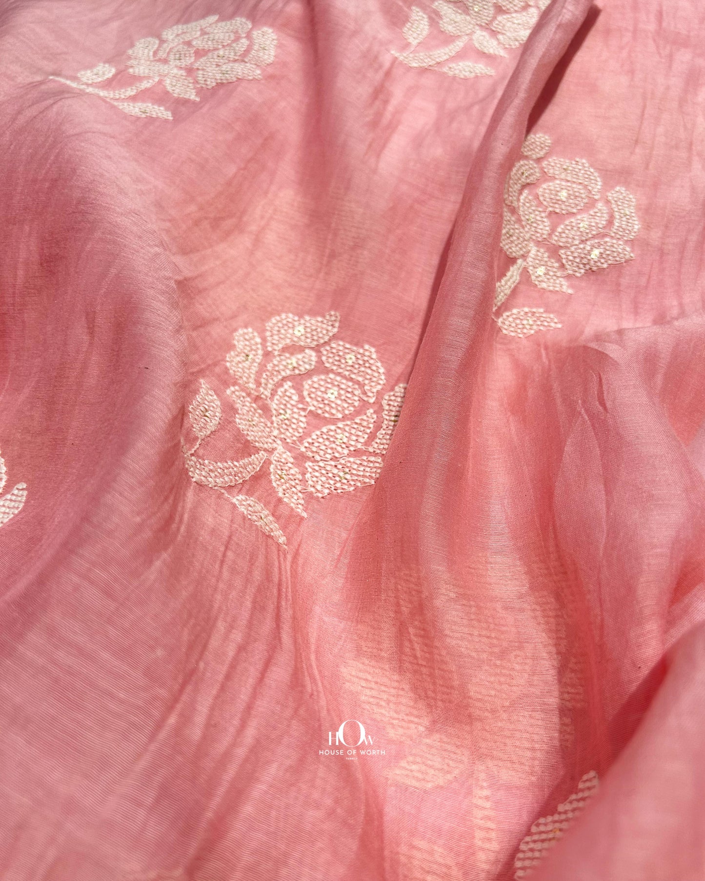 Banarasi-style embroidered Mul Chanderi fabric in peach pink – perfect for sarees, kurtis, and designer outfits