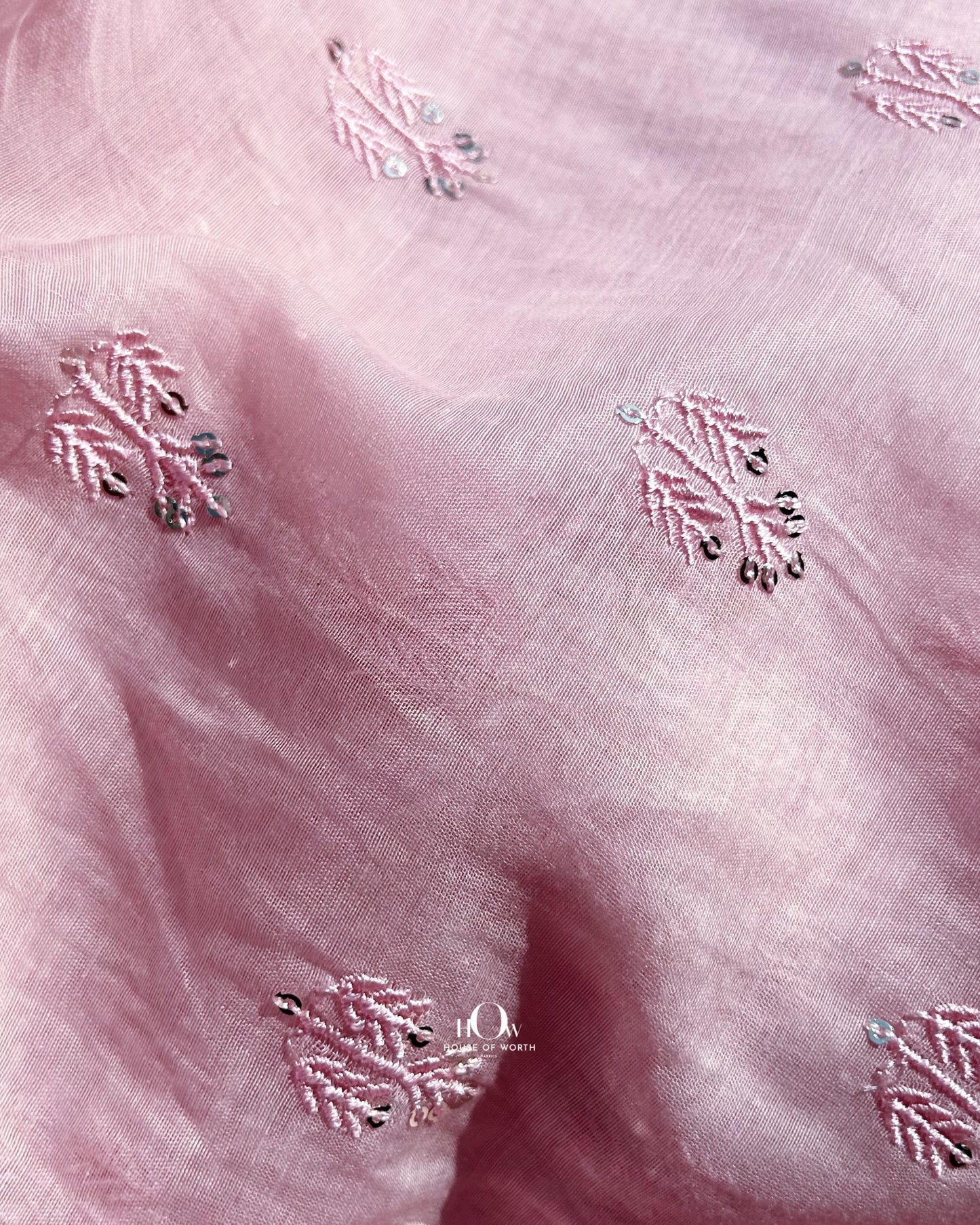 Buy pure Mul Chanderi fabric in pink with sequin embroidery – sourced from trusted suppliers in Delhi, Surat, and Banaras.