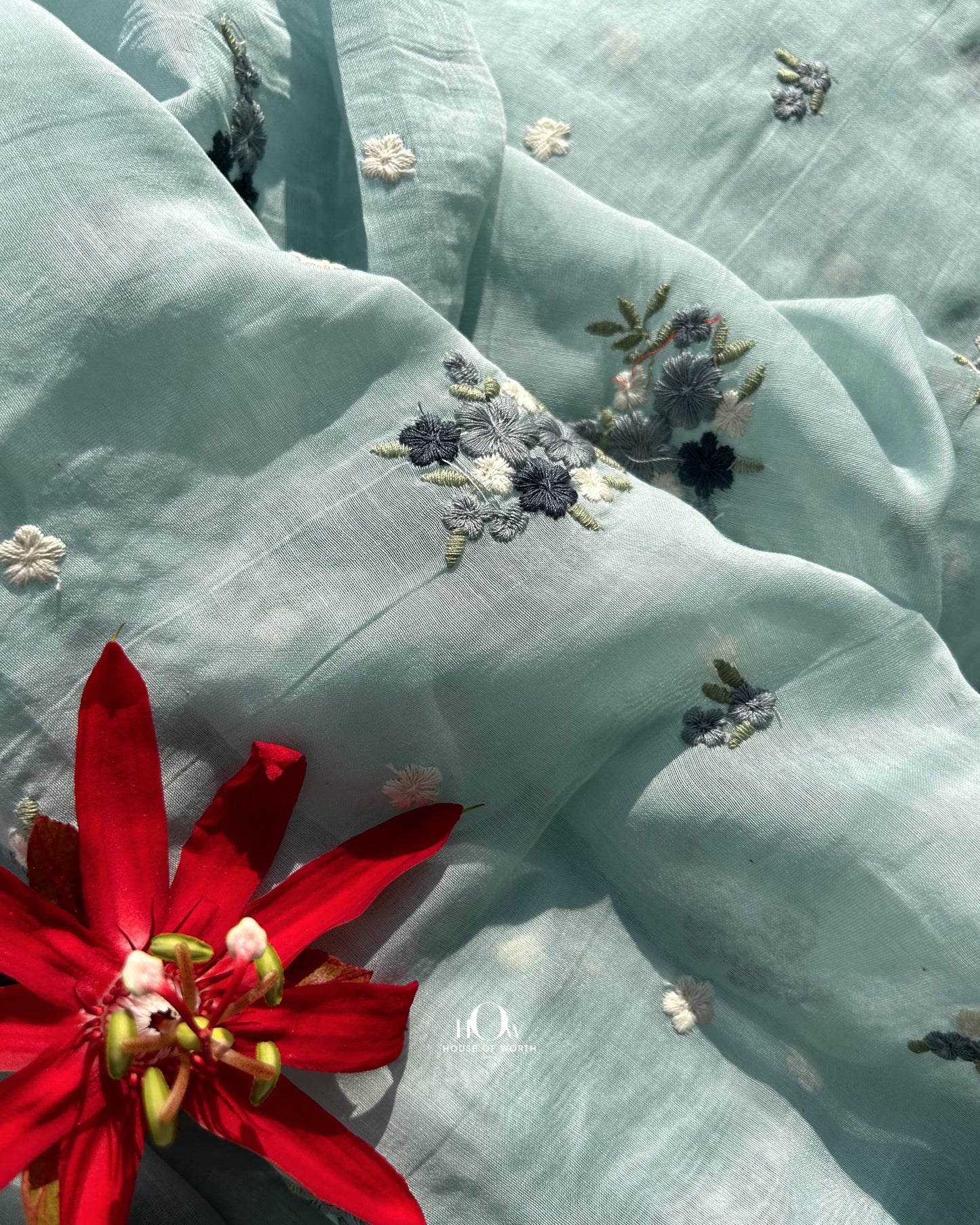 Butti embroidered Chanderi fabric in subtle pastel tone – suitable for ethnic designers and bulk fabric buyers.