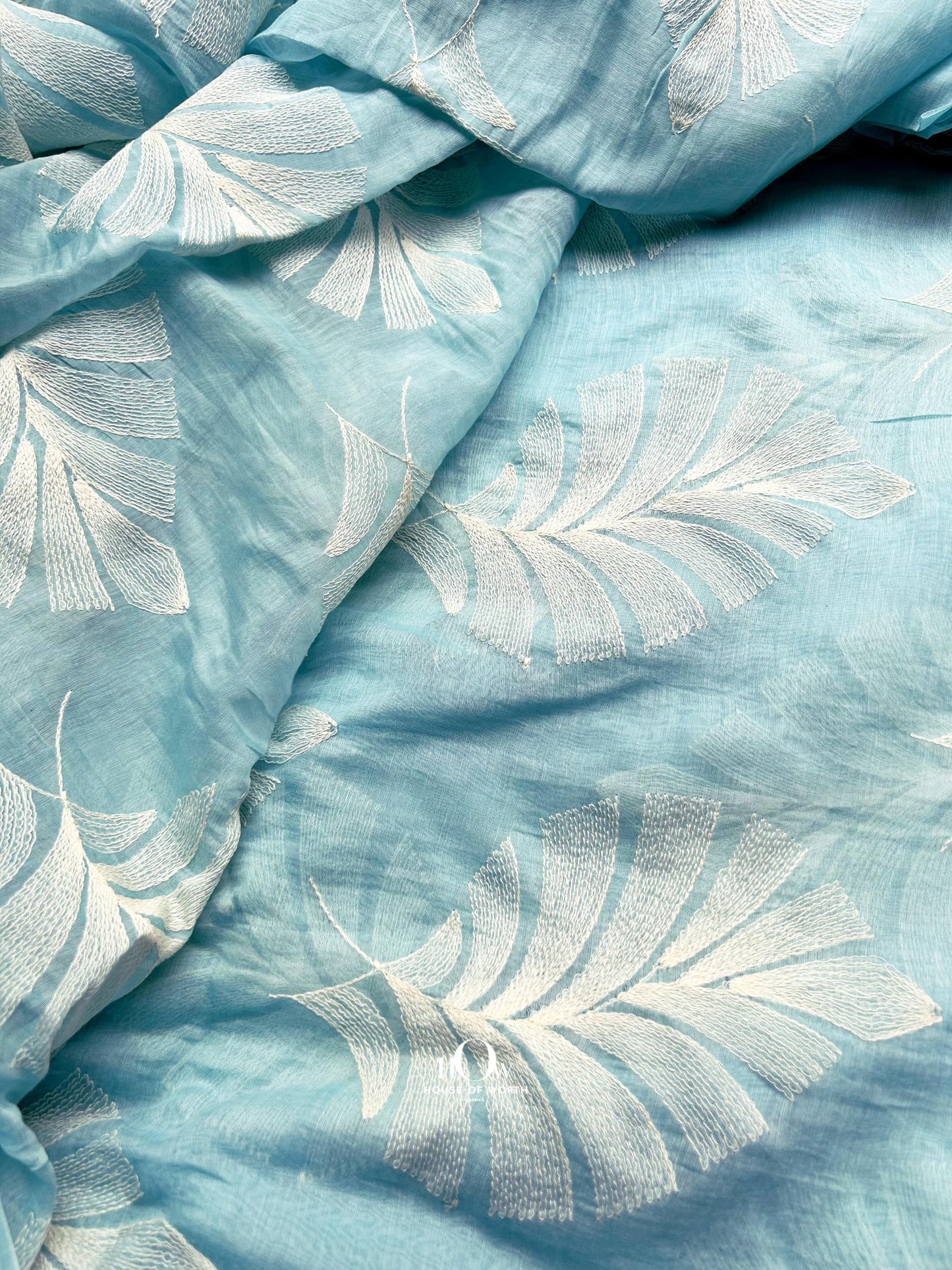 Sky blue crushed look Pure Mul Chanderi fabric – soft drape, lightweight and sourced from Delhi, Surat, and Banaras.