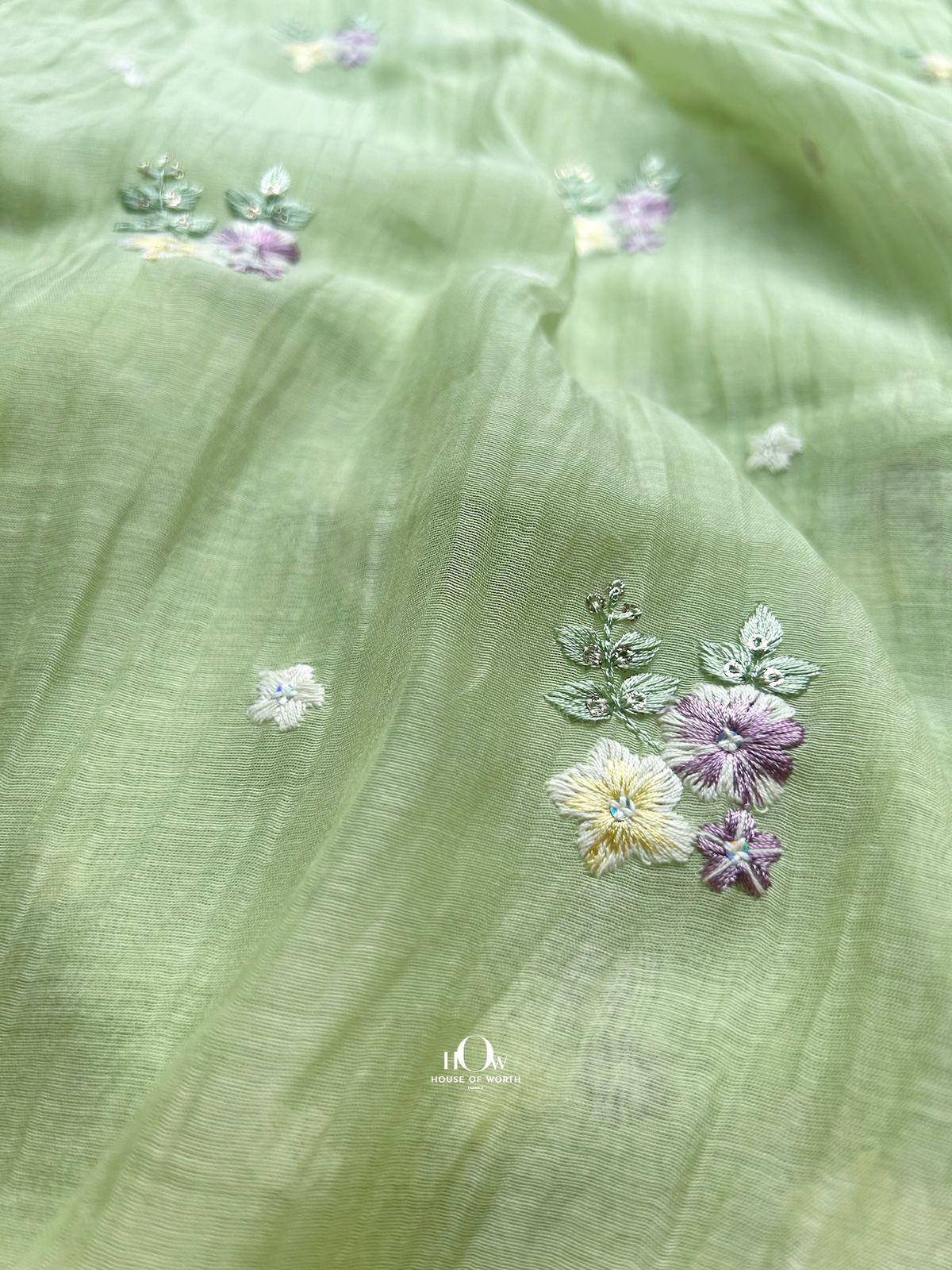 Mul Chanderi dress material with soft floral motifs – pistachio green fabric sourced from top suppliers in Surat, Delhi, and Banaras.