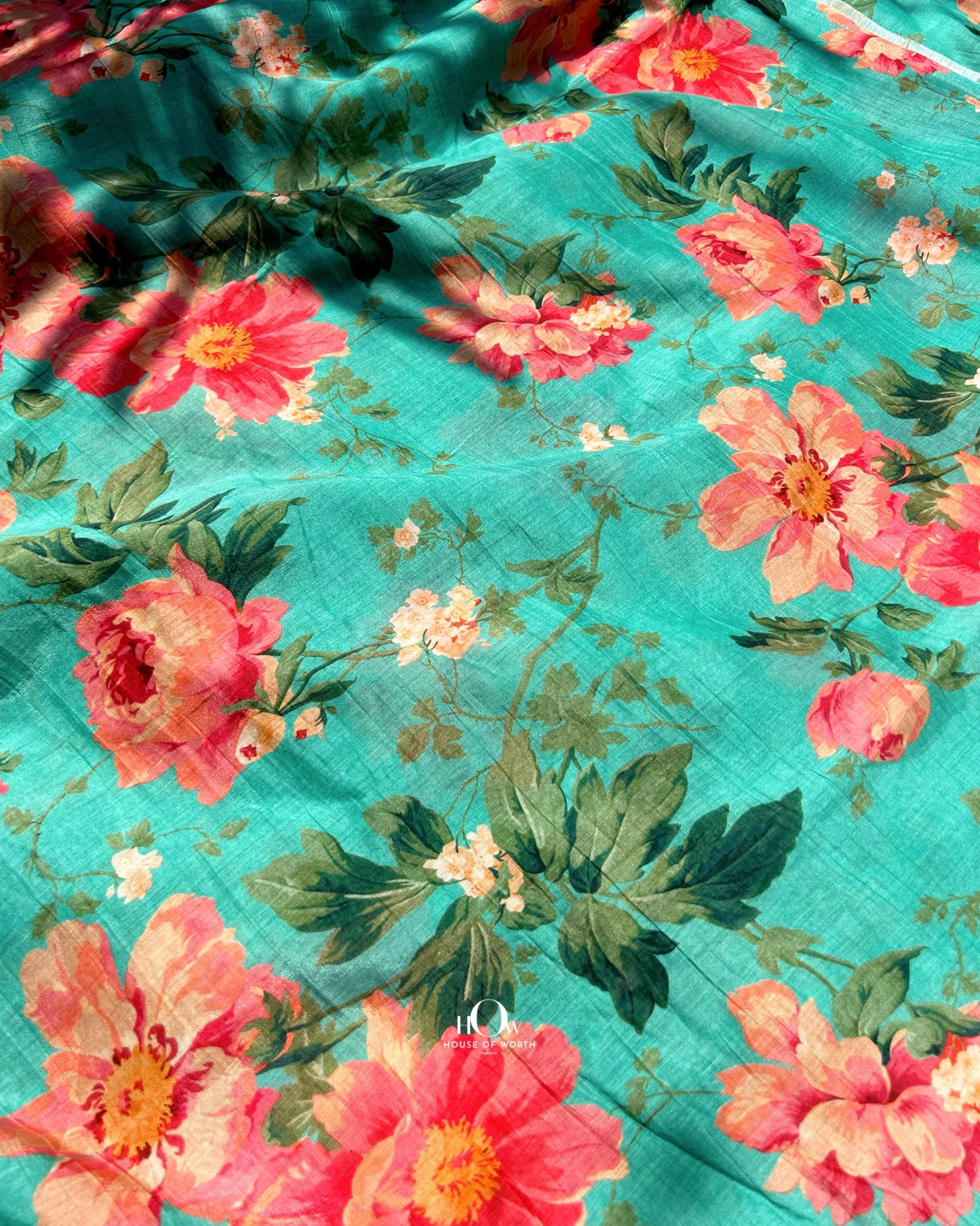 Printed Chanderi fabric with floral motifs – lightweight and flowy material for sarees, kurtis, and dresses.