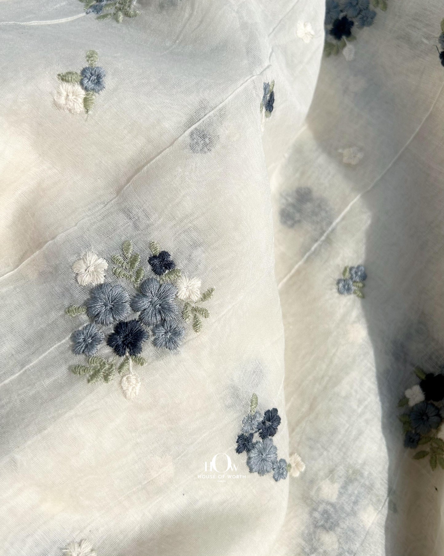 Pure Mul Chanderi fabric for sarees and kurtis – elegant blue floral embroidery on breathable dyeable fabric