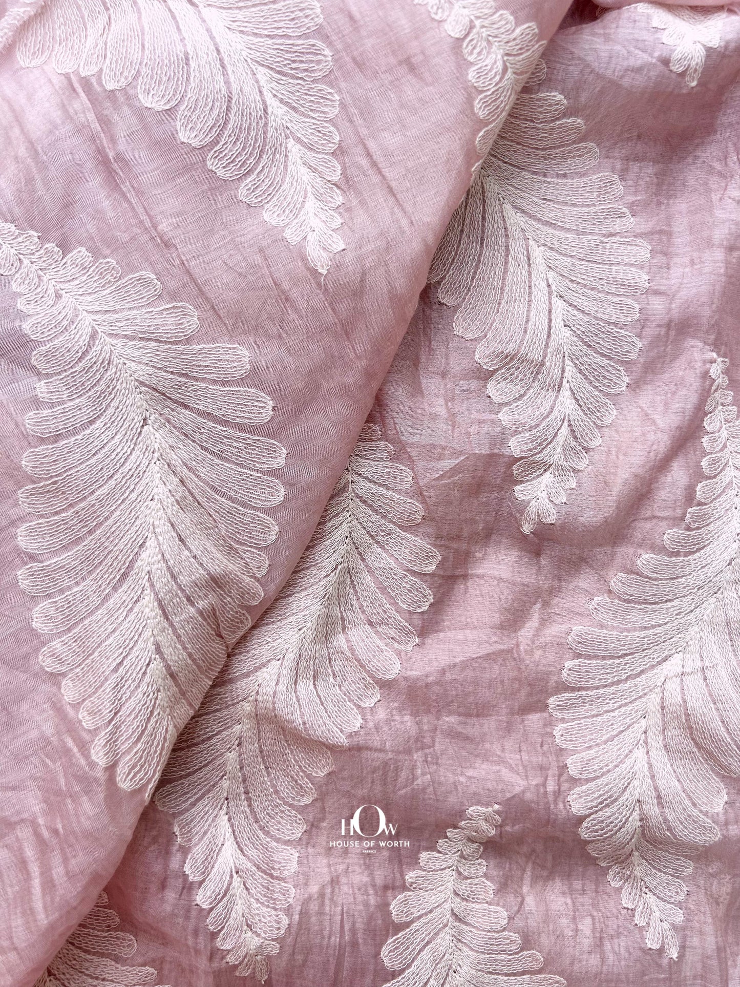 Light pink Mul Chanderi dress material with intricate leaf jacquard work – soft, semi-sheer fabric for luxury tailoring
