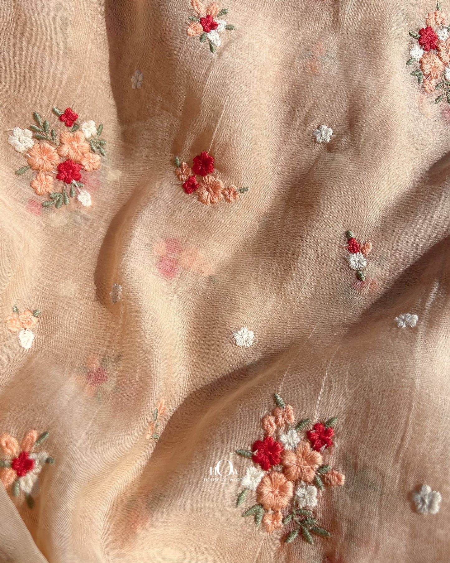 Light orange Chanderi fabric with small buttas – pure Mul Chanderi ideal for boutique tailoring and ethnic outfits.