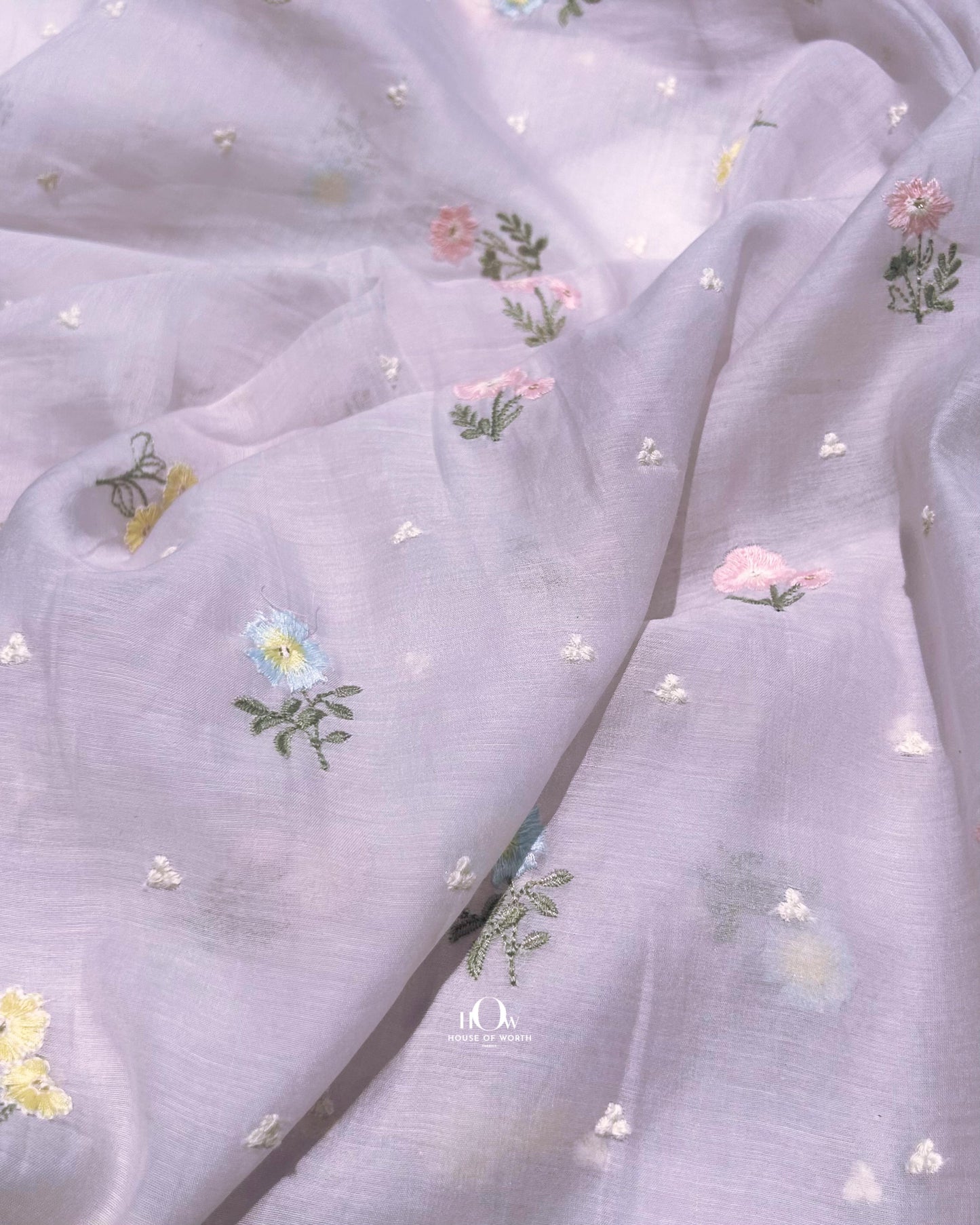 Pastel colour Pure Mul Chanderi dress material with multicolor thread embroidery – lightweight fabric for boutique tailoring.