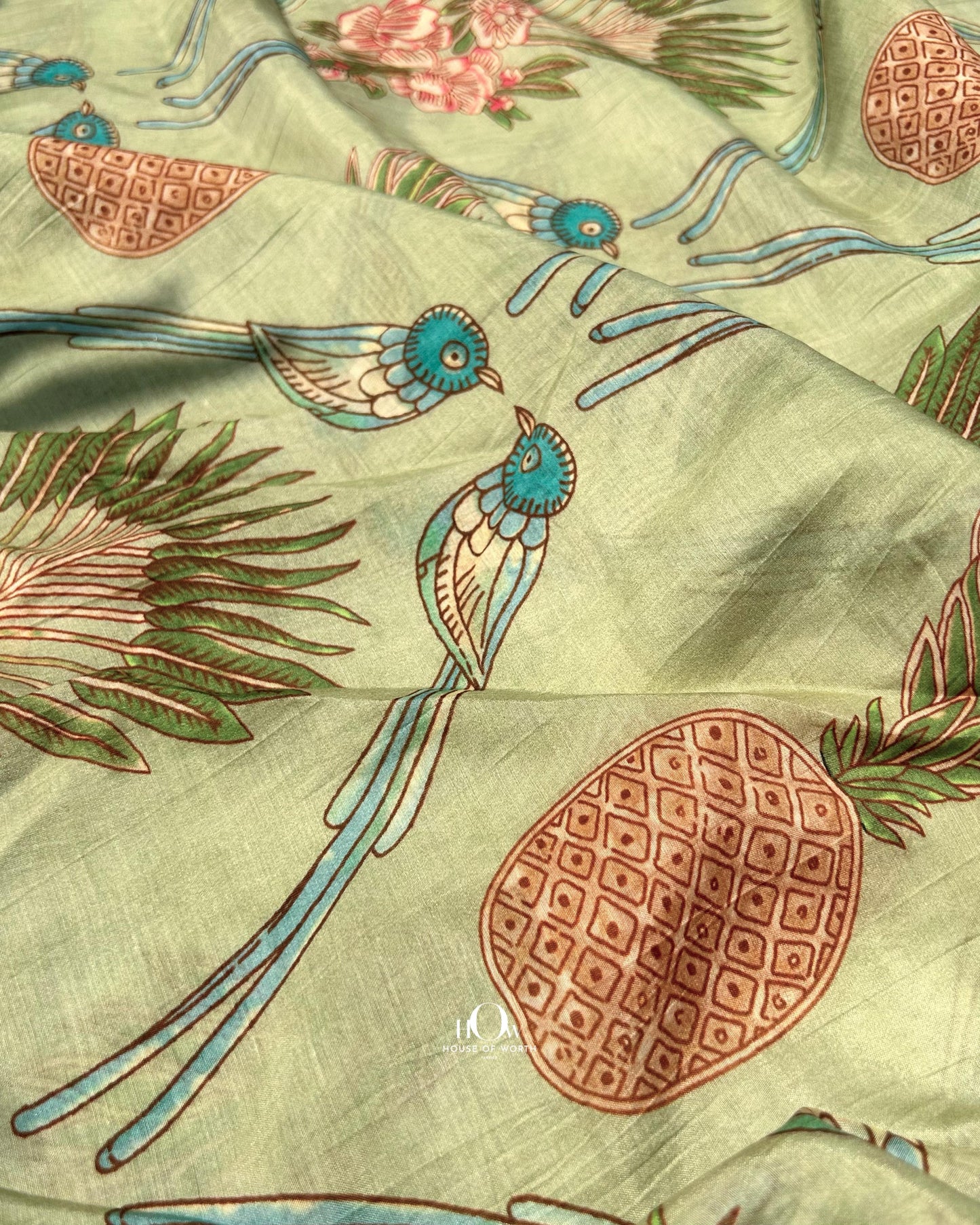 Malai Chanderi fabric with soft pastel colors and nature-inspired print – breathable and ideal for summer outfits.