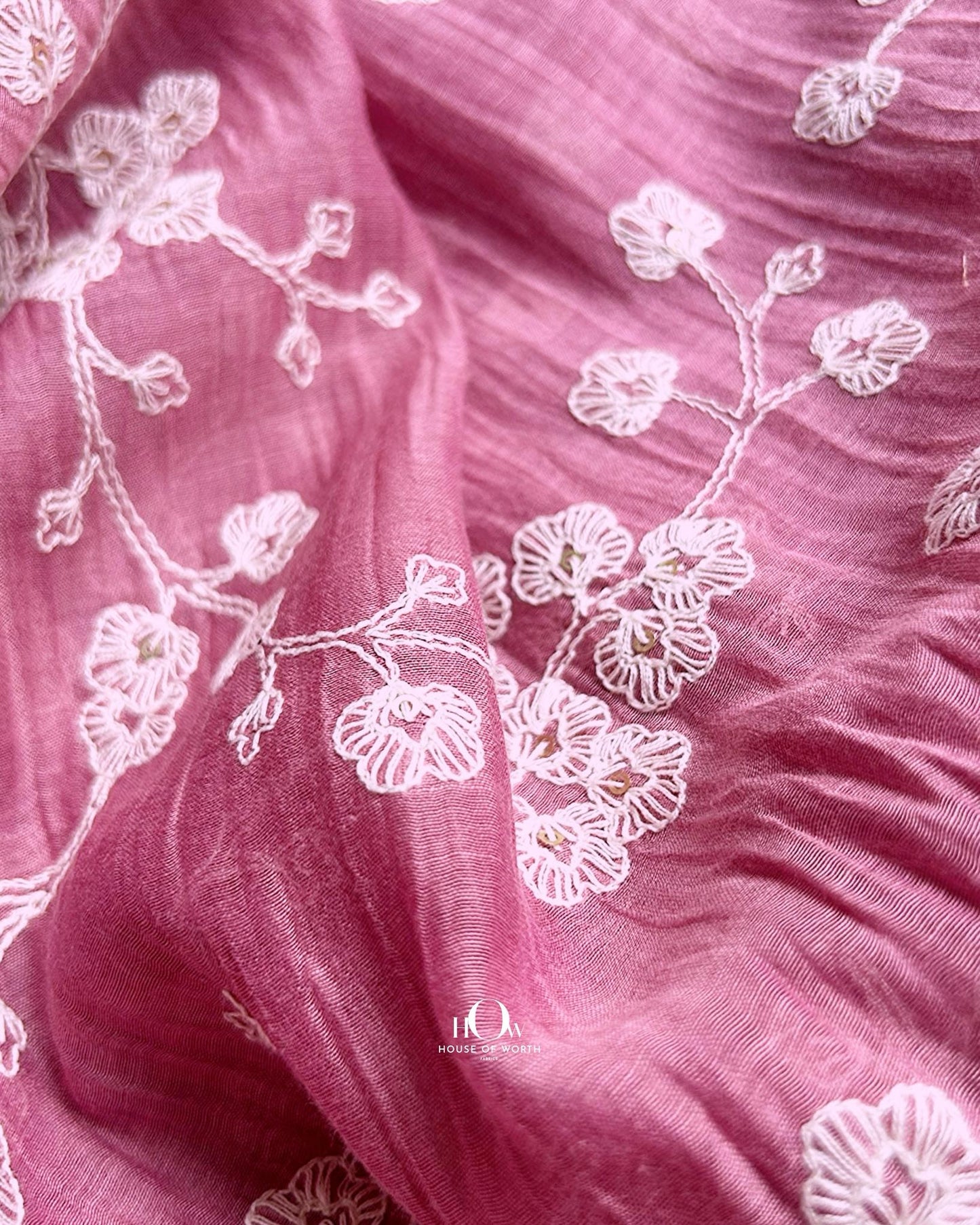 Buy pink Mul Chanderi fabric for kurtis and sarees – embroidered fabric from trusted Indian fabric wholesalers