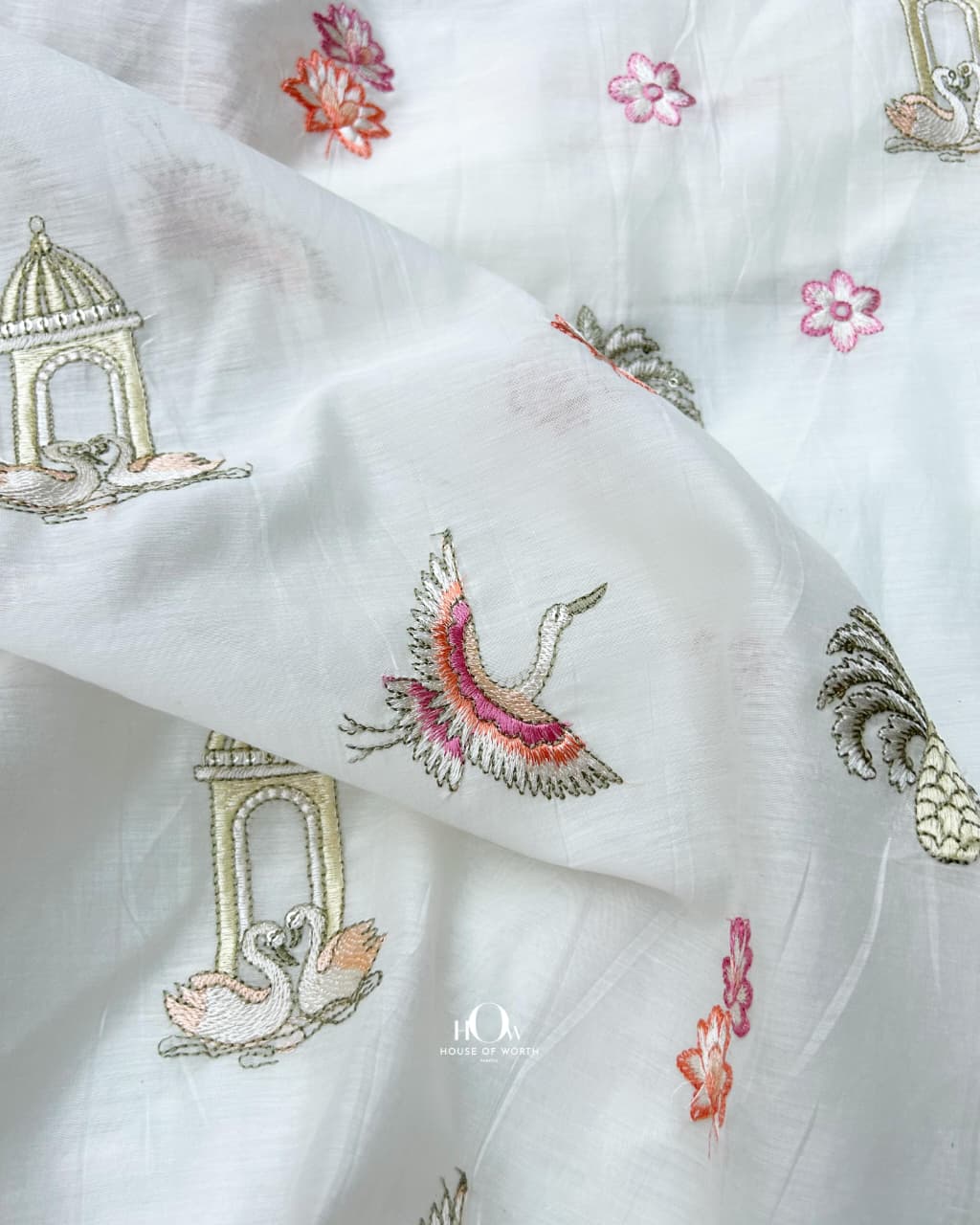 embroidered chanderi fabric for kurta and dupatta white