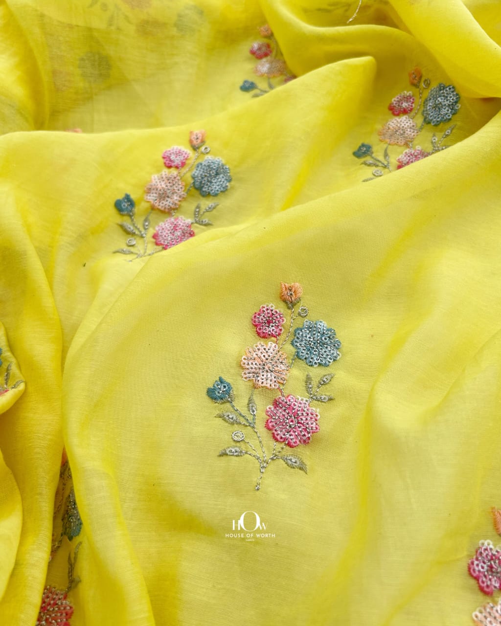 Yellow embroidered Mul Chanderi fabric suited for kurtas, sarees and festive wear