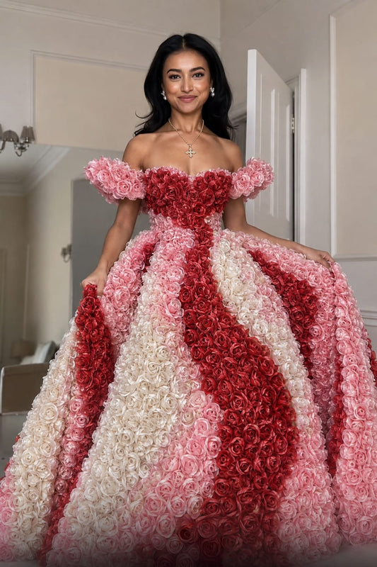 3D floral appliqué fabric with raised rosette flowers on a sheer net base