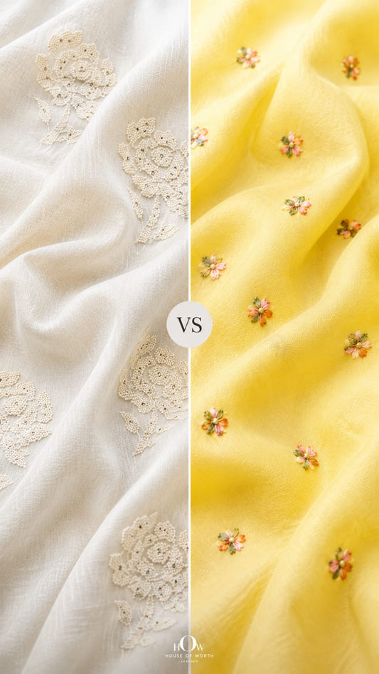 Linen embroidery fabric vs pure mul chanderi embroidery fabric comparison for kurtas sarees festive wear India