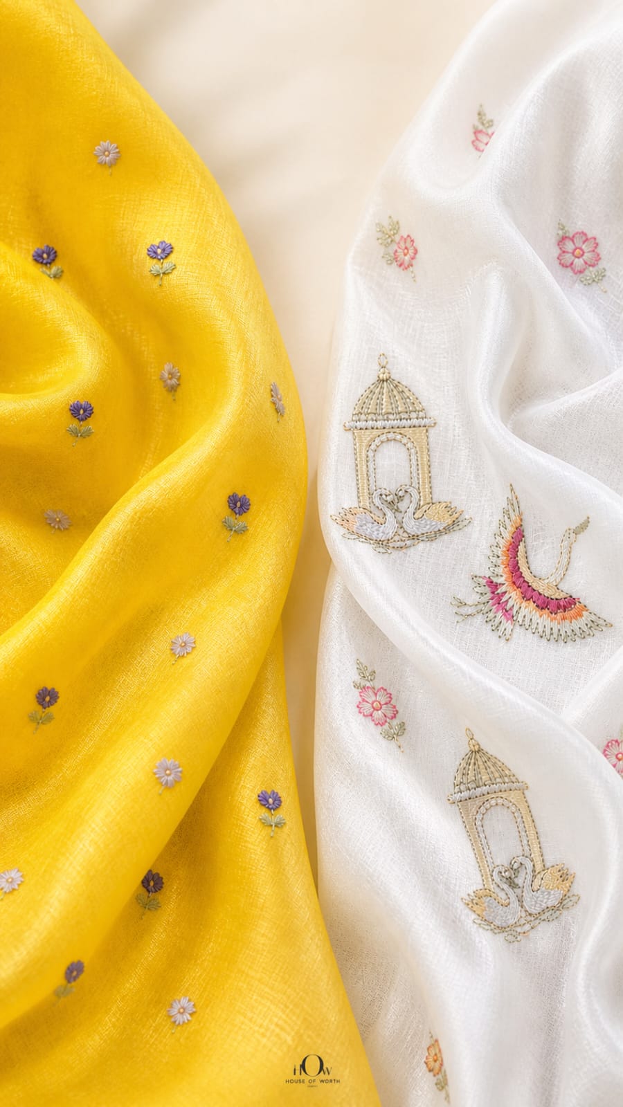 Pure mul chanderi and cotton chanderi fabric in yellow and white with embroidered details