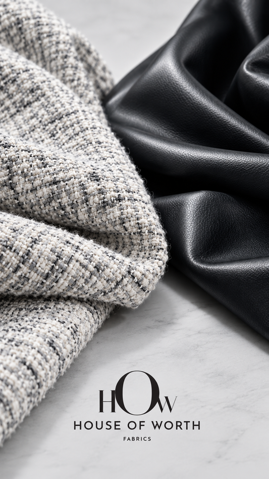 Tweed fabric and leather fabric for designer jackets, blazers, dresses and contemporary fashion | House Of Worth Fabrics