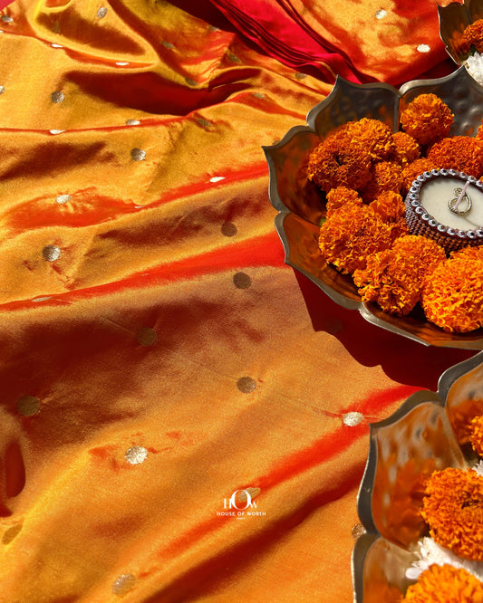 Pure double-tone banarasi silk fabric for wedding wear.