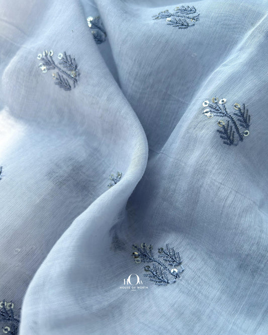 Buy light blue embroidered Chanderi fabric in bulk – subtle handloom texture ideal for tailoring and boutiques.