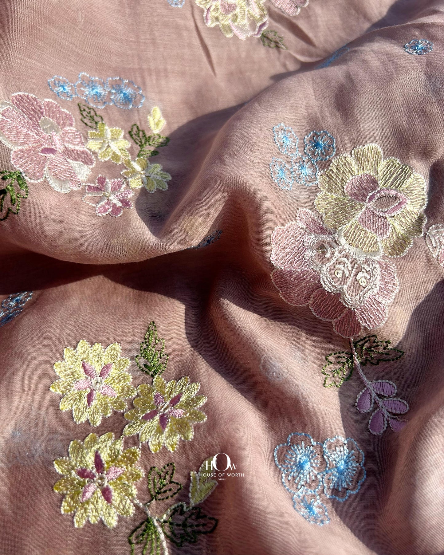Embroidered Mul Chanderi dress material with colorful floral work – available for wholesale and boutique orders.