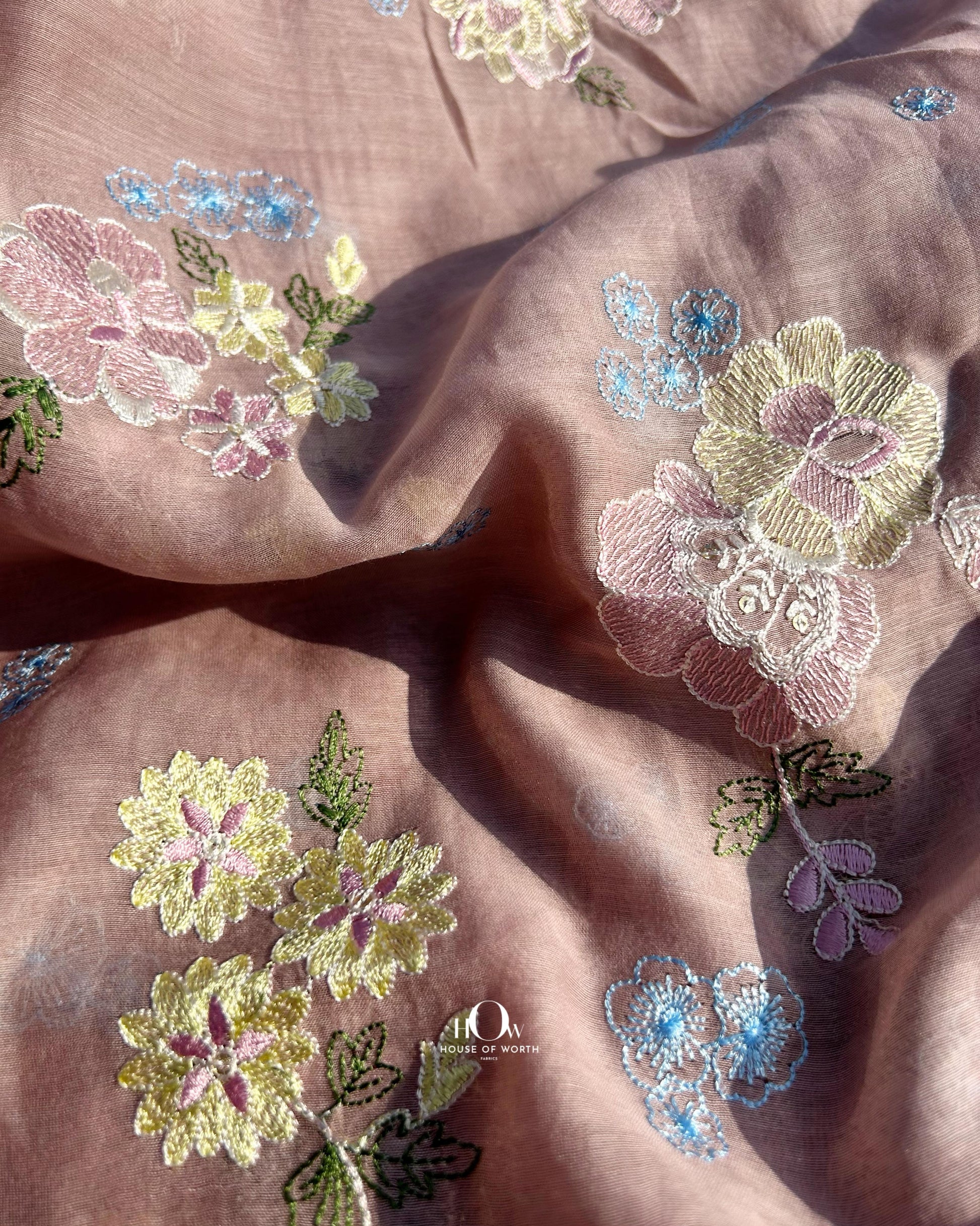 Embroidered Mul Chanderi dress material with colorful floral work – available for wholesale and boutique orders.