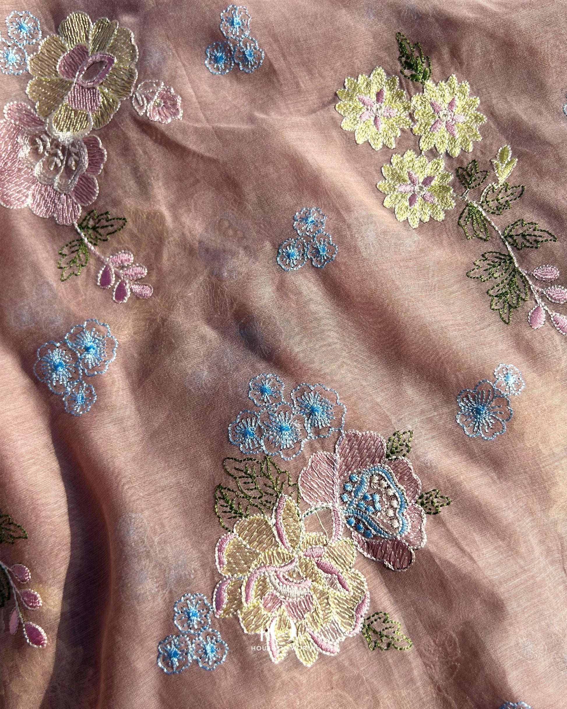Premium brown Chanderi fabric with intricate embroidery – sourced from fabric suppliers in Delhi, Surat, and Banaras.
