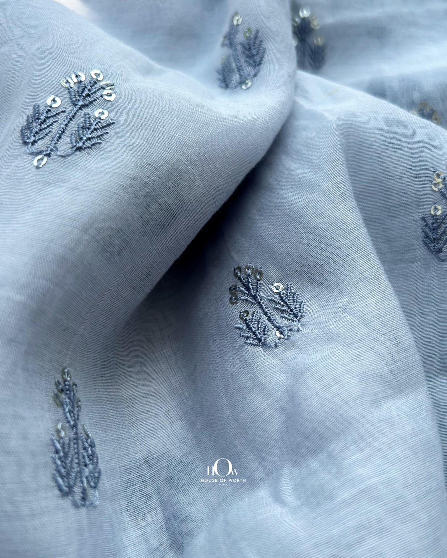 Soft pastel blue Mul Chanderi dress material – features small sequin buttas for festive and daily ethnic wear.