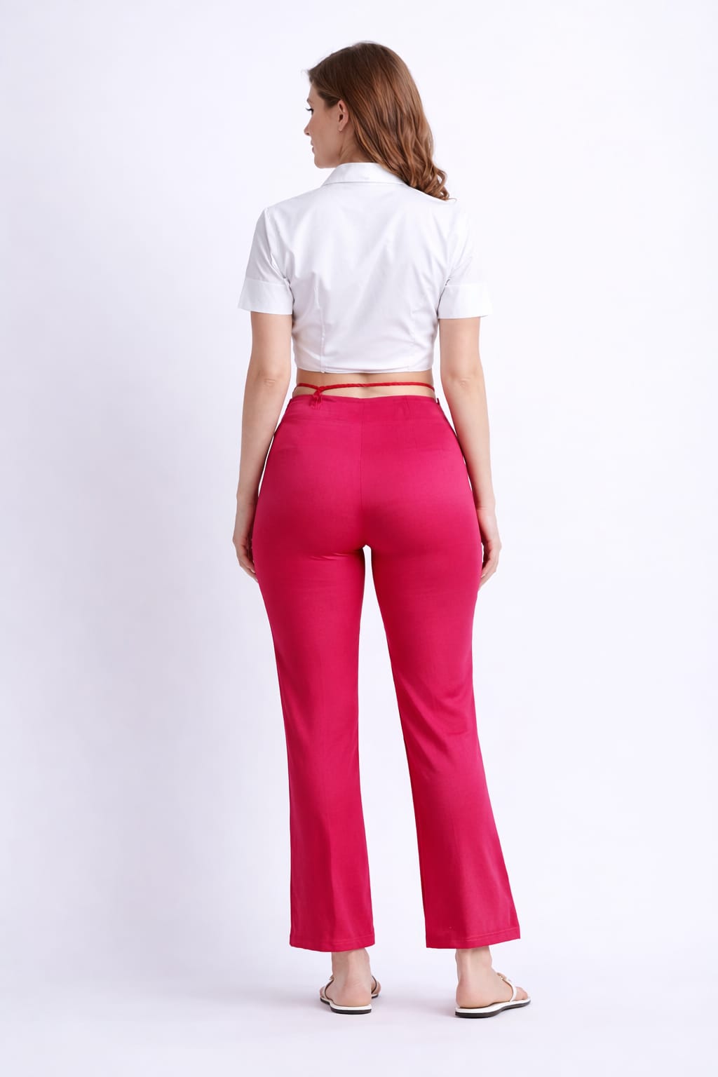 Fuchsia fashion pants for women with wrap waist and gathered detail