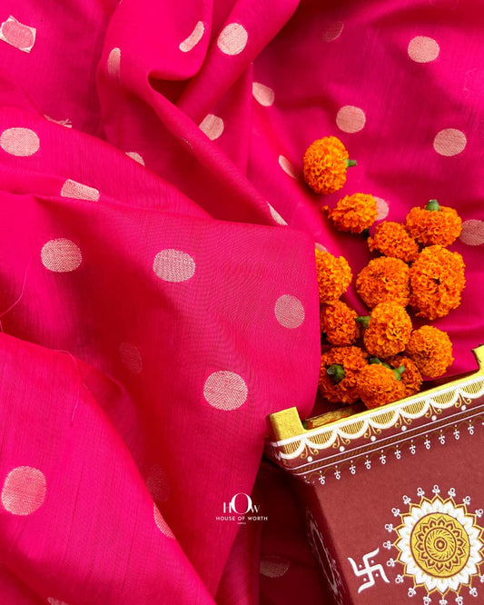 Fuchsia pink pure cotton chanderi fabric with woven polka dots